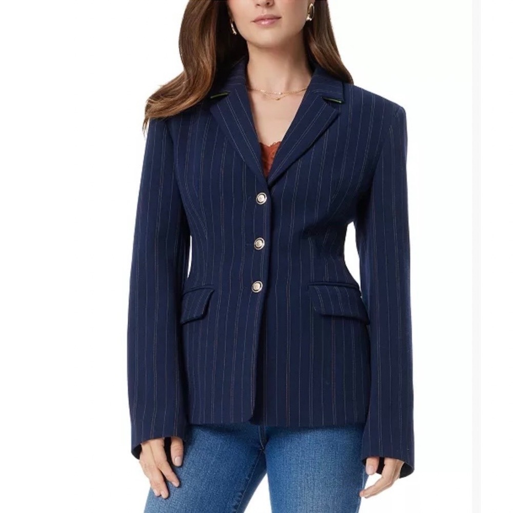 NEW Sam Edelman Aliya Navy Pin Striped Cinched Waist Staggered Blazer L